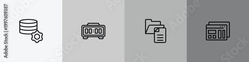 web development outline icon set featuring database management, digital clock, file management, mockup de icons.