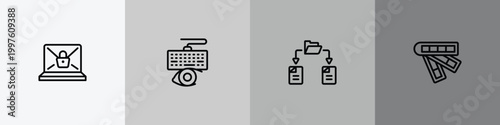 web development outline icon set featuring ransomware, keylogger, file sharing, color scheme icons.