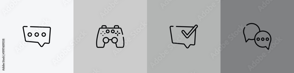 Obraz premium chatting outline icon set featuring three dots ellipsis, ps4 gamepad, speech bubble with check, round chat bubbles icons.