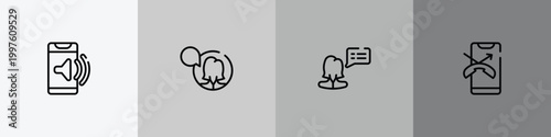 smartphones outline icon set featuring telephone volume, female user talking, female, one missed phone icons.