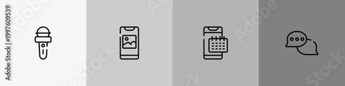 chatting outline icon set featuring news microphone, photo on phone screen, smartphone agenda, speech bubbles with ellipsis icons.