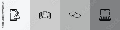 smart devices outline icon set featuring map on phone, open magazine, speech bubble with ellipsis, notebook computer icons.