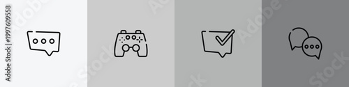 chatting outline icon set featuring three dots ellipsis, ps4 gamepad, speech bubble with check, round chat bubbles icons.