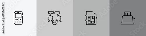 internet of things outline icon set featuring phone auricular and buttons, battle, phone chip, toaster icons.