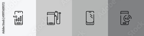 mobile phones outline icon set featuring 4g phone connection, mobile phone with auriculars, mobile phone de, 4g technology icons.
