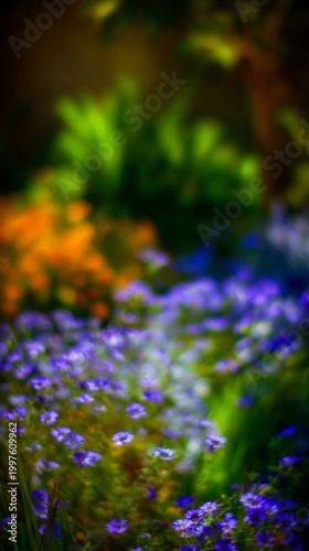 shrub. Sunlit garden with vibrant flowers and lush greenery, dappled light th...