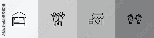 charity outline icon set featuring shelter beds, happy kids, charity shop, voluntary service icons.