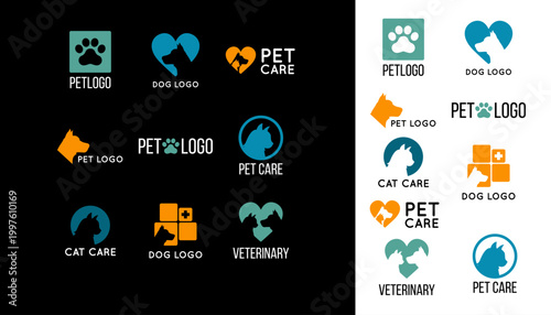Pet Care Logo Collection, Minimalist Dog and Cat Branding Icons with Heart and Paw Symbols