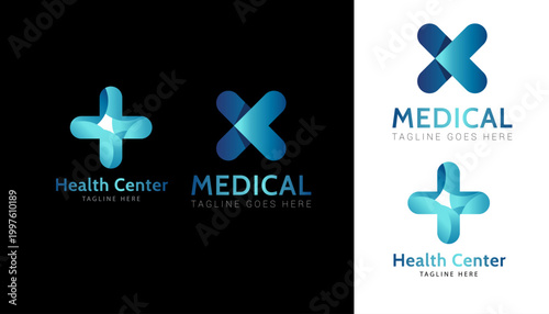 Modern Medical Logo Set, Abstract Blue Gradient Cross Icons for Health Center and Healthcare Branding