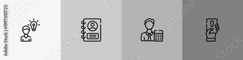 business outline icon set featuring opinion, personal profile, accountant, penalty icons.