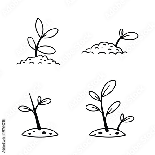 vector illustration of plant sprouts emerging from soil  symbolizing growth and nature's duality black outline line art