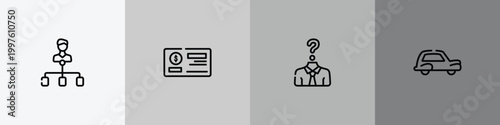 auction outline icon set featuring hierarchical structure, cheque, anonymity, old car icons.