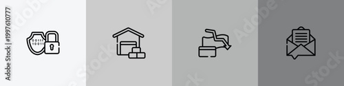 business management outline icon set featuring encryption, wholesaler, bankrupt, email marketing icons.