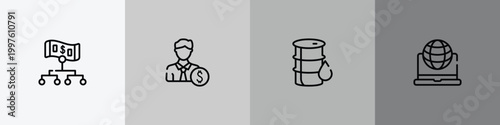 office outline icon set featuring hierarchy structure, banker, oil barrel, intranet icons.