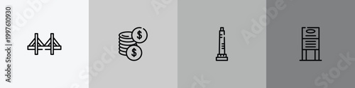 restaurant elements outline icon set featuring zakim bridge, dollar coins, walled obelisk, daily specials board icons.