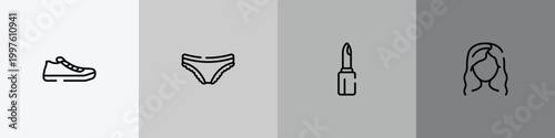 beautiful outline icon set featuring pair of sneakers, panties, lipstick cosmetic, modern haicut icons.