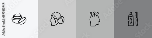 beautiful outline icon set featuring face cream, women hairstyling, acupuncture, tooth paste and brush icons.