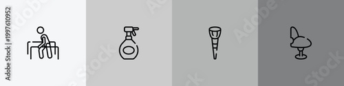 beauty outline icon set featuring physiotherapy, hair spray bottle, makeup brush, comfortable chair icons.