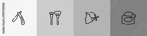 beauty outline icon set featuring open razor, make up brush, hairstyle, soap bar icons.