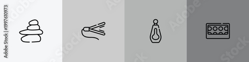 pretty outline icon set featuring spa stones, hair straightner, big perfume bottle, eye shadow pallette icons.