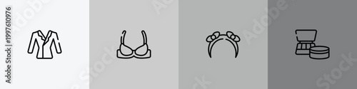beautiful outline icon set featuring suit on hanger, brassiere, headbands, cosmetics products icons.