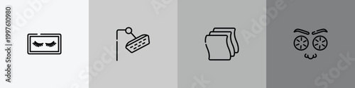 beauty salon outline icon set featuring false eyelashes, shower head, cleaning wipes, cucumber slices on face icons.