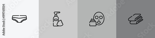 beauty salon outline icon set featuring panties with lace, foam hair, mudpack, folded towel icons.