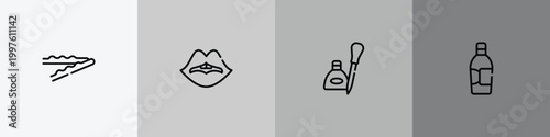 beauty salon outline icon set featuring bobby pins, woman lips, eyeliners, inclined bottle icons.