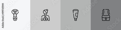 beauty salon outline icon set featuring electric shaver for women, hot stone massage, cream tube, women waist icons.