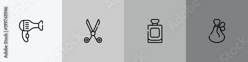 beauty salon outline icon set featuring hairdryer facing left, hairdresser scissors, french perfume bottle, french perfume icons.