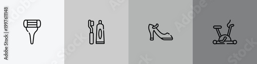 pretty outline icon set featuring women razor, toothbrush and toothpaste, high heel shoe, null icons.