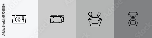 pretty outline icon set featuring makeup purse, pillow, little makeup box, matte powder icons.