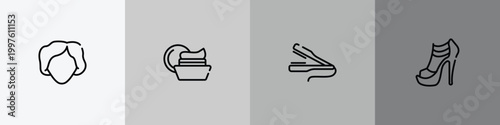 linear beauty elements outline icon set featuring woman face, facial cream, flat iron, high heel icons.