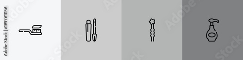 pretty outline icon set featuring tooth brush, gloss, two hairpins, body lotion icons.