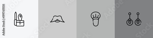 beautiful outline icon set featuring manicure, big moustache, blush brush, two earrings icons.