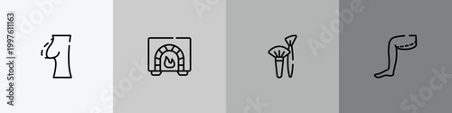 plastic surgery outline icon set featuring nipple, burner, brushes, thigh icons.