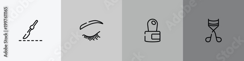 make up outline icon set featuring scalpel, eyelash, cuticle, eyelashes curler icons.