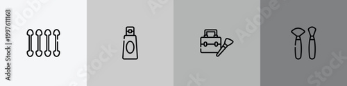 pretty outline icon set featuring cotton swabs, shampoo bottle, big makeup box, makeup brushes icons.
