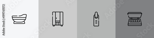 beauty outline icon set featuring bathtube, infrared, nail, eye shadow icons.
