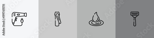 hairdressing and esthetics outline icon set featuring dryer, nail clippers, waterdrop, shaving icons.