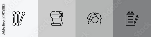 plastic surgery outline icon set featuring cotton buds, roll on, curling hair, medical report icons.