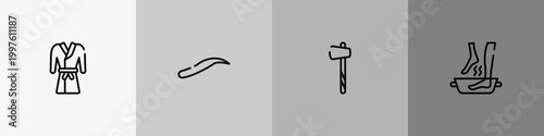 spa outline icon set featuring robe, eyebrows, ax, soak icons.