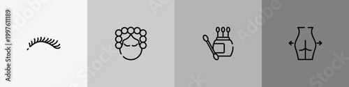 plastic surgery outline icon set featuring eyelashes, hair curler, earbuds, gluteus icons.