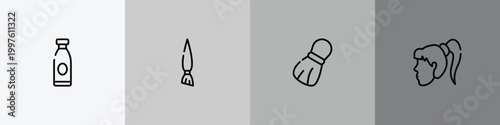 hair salon outline icon set featuring lotion, angle brush, shaving brush, female head icons.