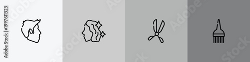 hair salon outline icon set featuring short male hair shape, hair treatment, scissors badge, brush tool icons.