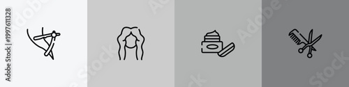 hair salon outline icon set featuring razor to cut hairs, woman hair cut, skincare, hairdresser with comb and scissors icons.