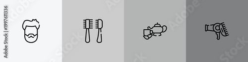 hair salon outline icon set featuring male head hair and beard, pets hair salon tools kit, herbal, hairdryer and comb icons.