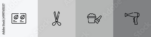 hair salon outline icon set featuring hair color sample, scissors opened tool, bubbles, hairdryer side view icons.