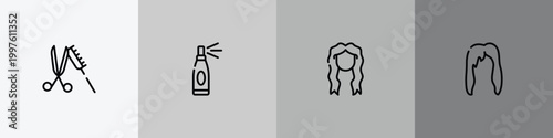 hair salon outline icon set featuring scissor and comb, hairspray, long female hair tincture, female hair icons.