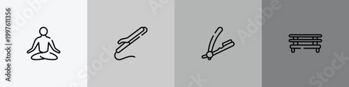 spa and yoga outline icon set featuring lotus position, curling iron, razor hair salon tool, spa bed icons.